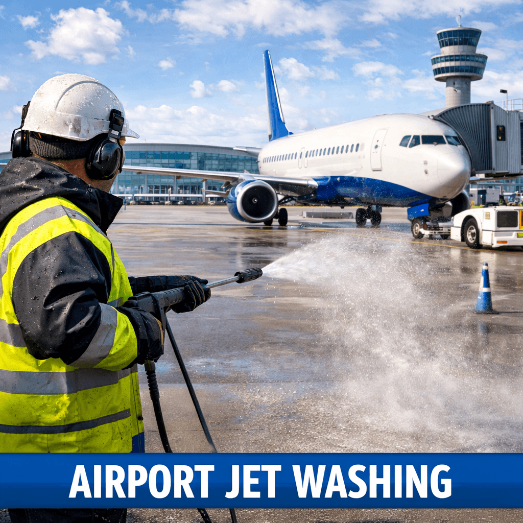 Airport jet washing encompasses the comprehensive cleaning of aviation facility infrastructure, including terminal buildings, and runways
