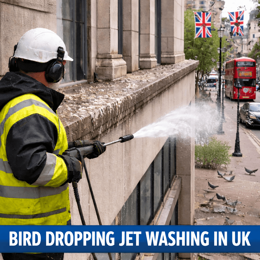 Bird dropping jet washing provides rapid, effective removal of bird mess from buildings, structures, vehicles, and public area