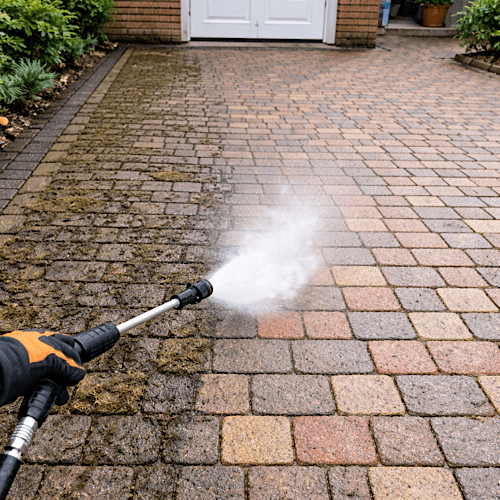 Block paving jet washing transforms driveways, patios, pathways, and commercial forecourts