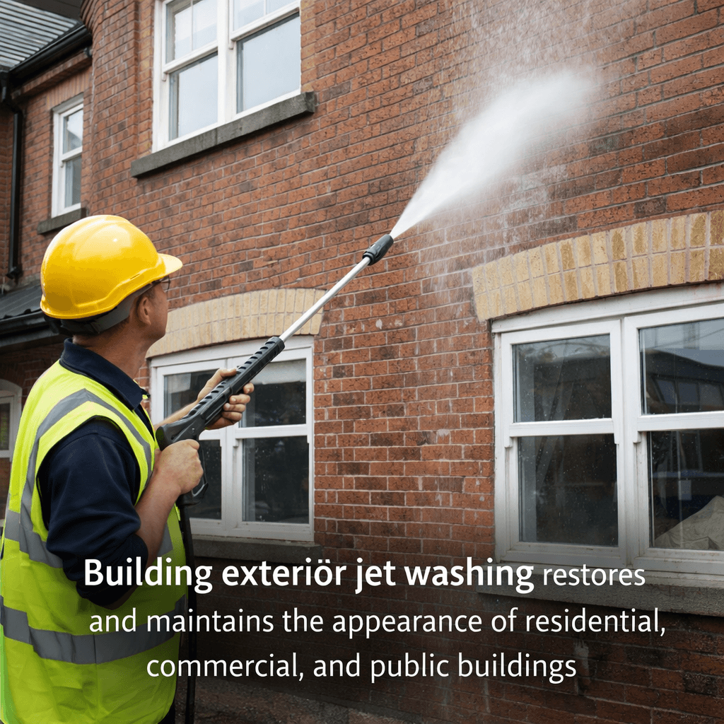 Building exterior jet washing restores and maintains the appearance of residential, commercial, and public buildings
