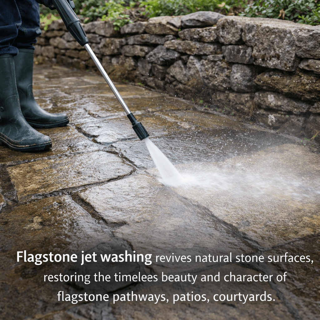 Flagstone jet washing revives natural stone surfaces, restoring the timeless beauty and character of flagstone pathways, patios, courtyards
