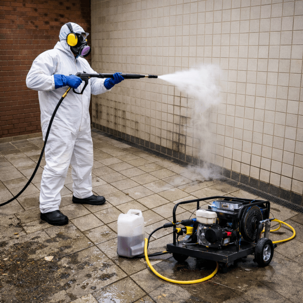Grout jet washing deep-cleans discoloured, stained, and contaminated grout lines between tiles, bricks, pavers, and stone