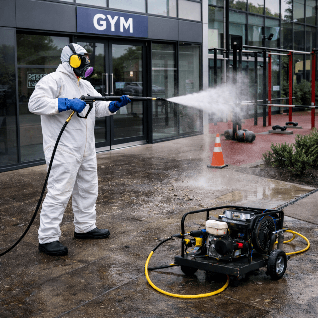 Gym jet washing maintains the exteriors of fitness facilities, entrance areas, and outdoor training spaces to the hygienic and presentational standards