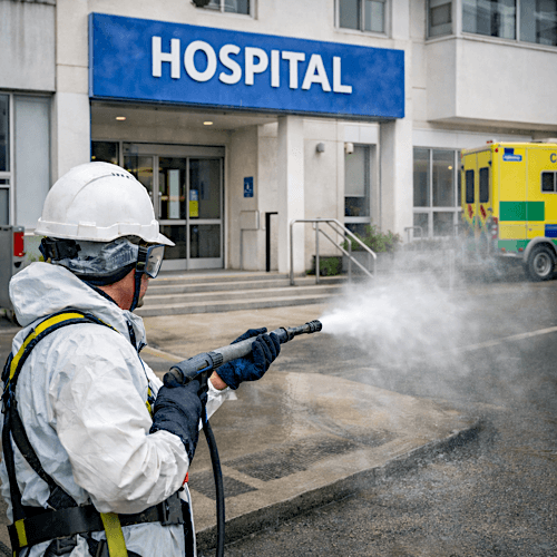 Hospital jet washing maintains clinical-grade cleanliness standards across exterior areas, access routes, and ancillary facilities at healthcare institutions