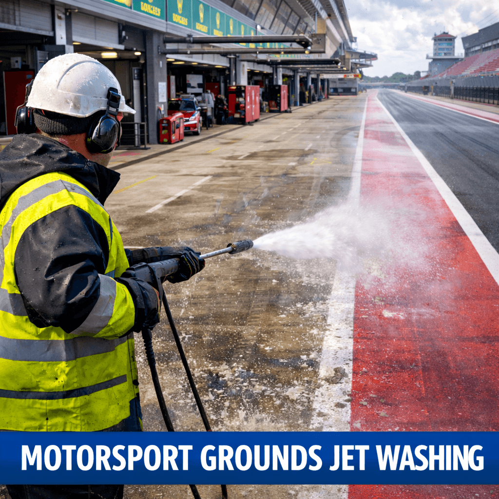 Motorsport grounds jet washing maintains the pit lanes, grandstands, paddock areas, and spectator facilities at racing venues