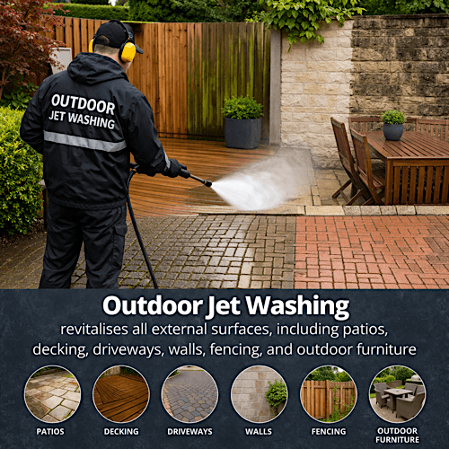 Outdoor jet washing revitalises all external surfaces, including patios, decking, driveways, walls, fencing, and outdoor furniture