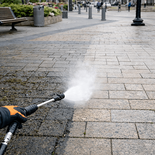 Public areas jet washing maintains pavements, civic spaces, pedestrianised zones, and communal environments