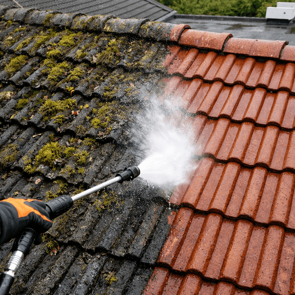 Roof jet washing removes moss, lichen, algae, and accumulated debris from pitched and flat roof surfaces