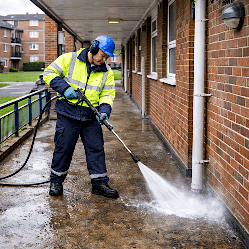 Social housing jet washing maintains communal areas, building exteriors, and shared facilities across residential estates managed