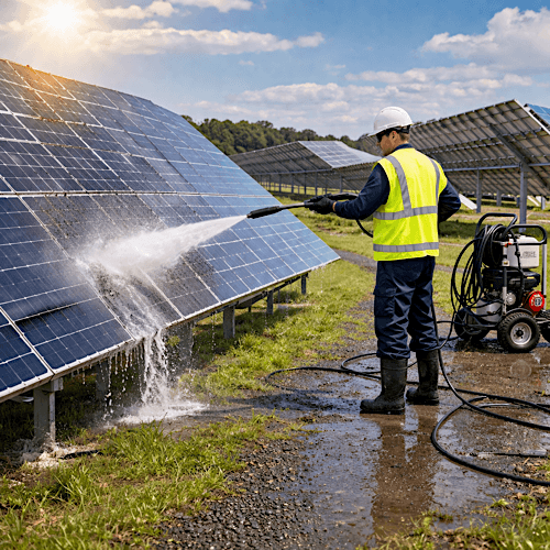 Solar farm jet washing maximises energy generation efficiency by removing contamination from photovoltaic panel surfaces