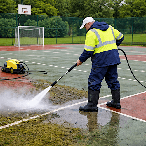 Sport grounds jet washing maintains multi-use sporting venues, athletic facilities, and recreation grounds