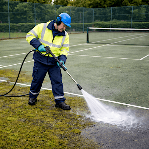 Tennis court jet washing removes moss, algae, and surface contamination from hard court playing surfaces