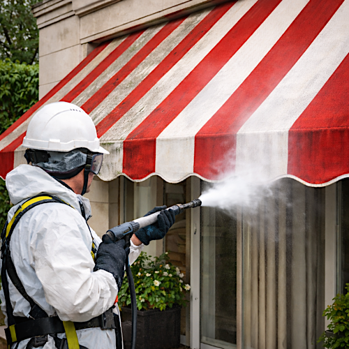 Textiles jet washing provides specialist cleaning for industrial fabrics, outdoor textiles, awnings, marquees, and fabric structures
