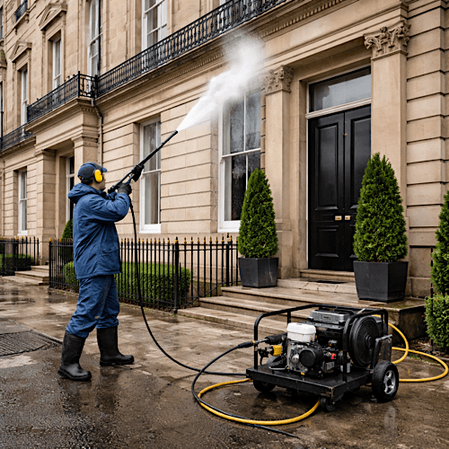Building facades jet washing restores the visual impact and architectural beauty of commercial, residential, and public buildings